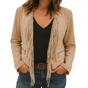 White House Black Market Women’s Medium Beige Leather Fringe Jacket Western Boho